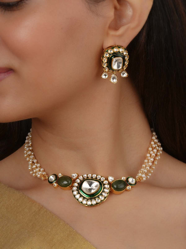 Green Color Gold Plated Faux Polki Necklace Set - PK-S340GR