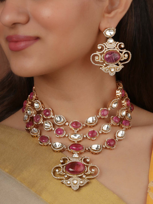 Gold Plated Faux Polki Necklace Set - PK-S348