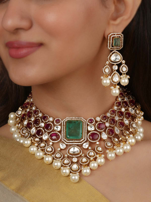 Gold Plated Faux Polki Necklace Set - PK-S354