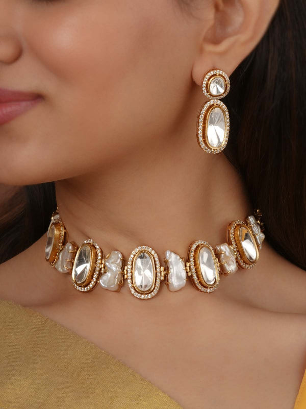 Gold Plated Faux Polki Necklace Set - PK-S360