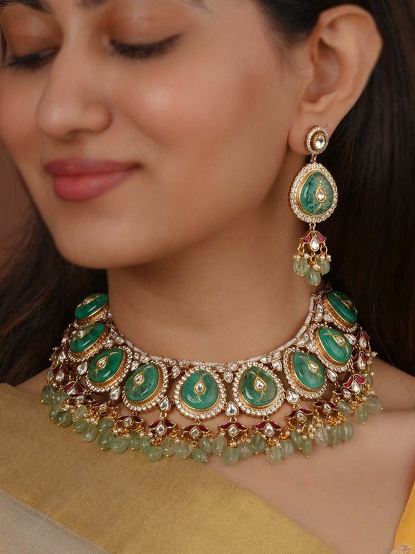 Gold Plated Faux Polki Necklace Set - PK-S365