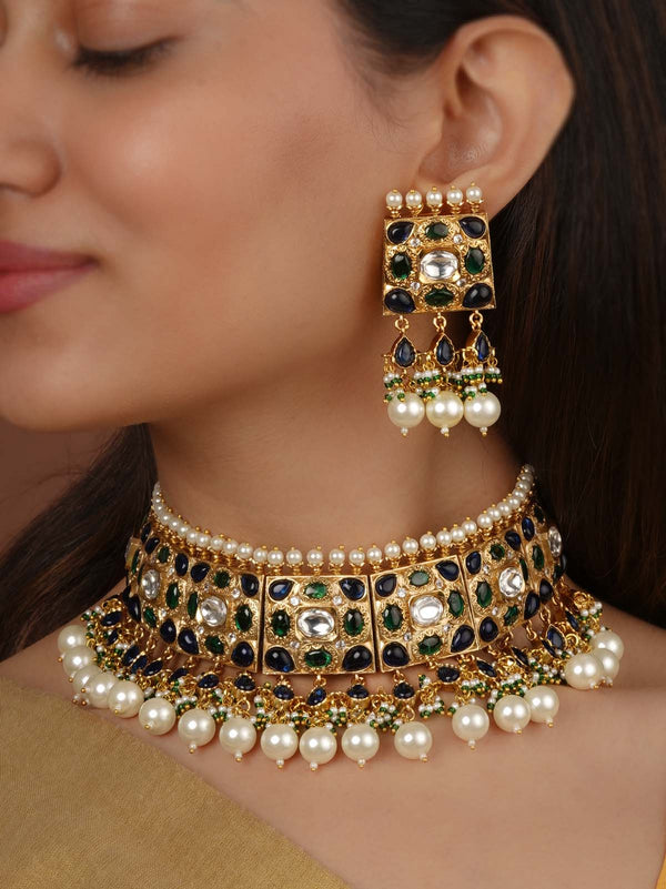 Gold Plated Faux Polki Necklace Set - PK-S367