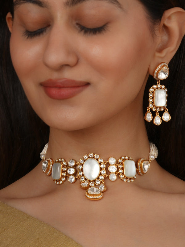 Gold Plated Faux Polki Necklace Set - PK-S375