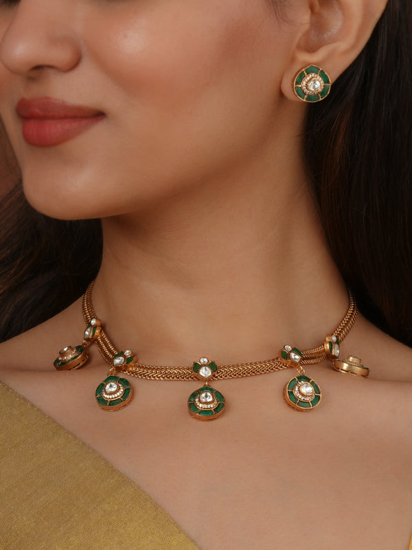 Gold Plated Faux Polki Necklace Set - PK-S377