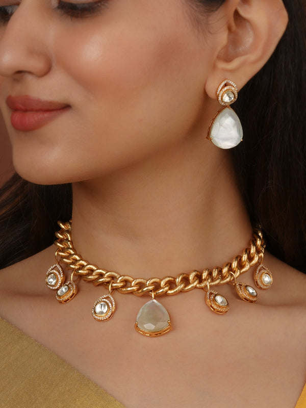 Gold Plated Faux Polki Necklace Set - PK-S380