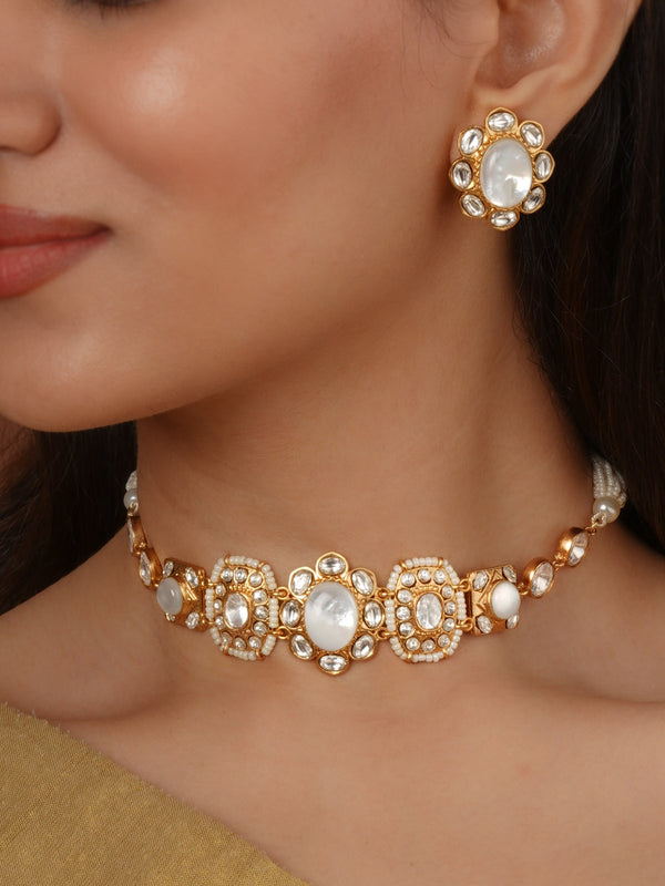 Gold Plated Faux Polki Necklace Set - PK-S382