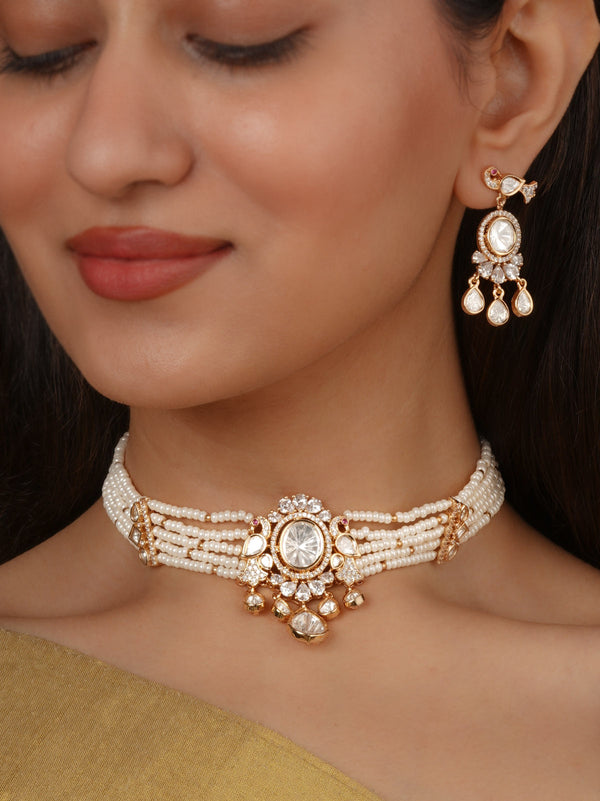 Gold Plated Faux Polki Necklace Set - PK-S387