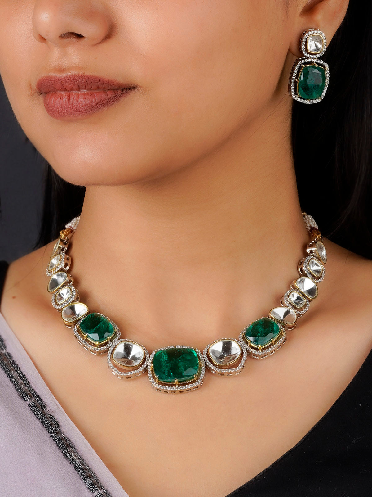 PK-S38 - Green Color Gold Plated Faux Polki Necklace Set