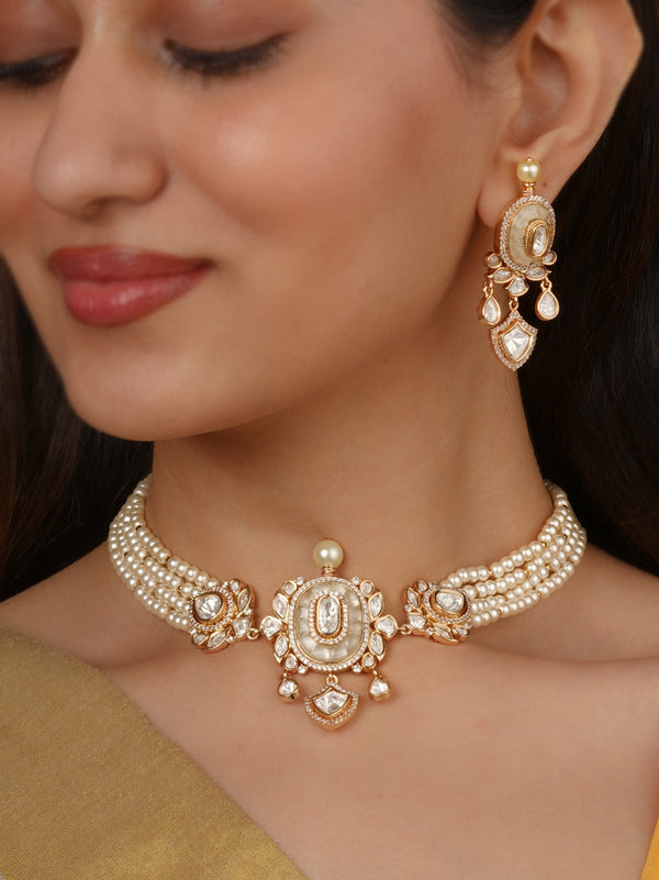 Gold Plated Faux Polki Necklace Set - PK-S392