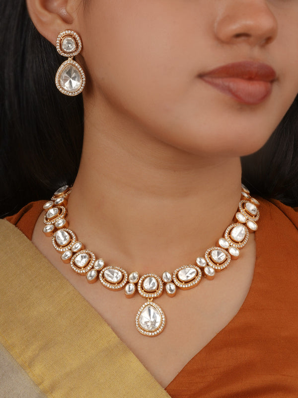 White Color Gold Plated Faux Polki Necklace Set - PK-S395