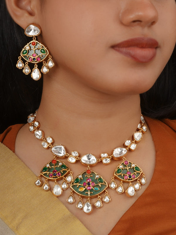 Gold Plated Faux Polki Necklace Set - PK-S397