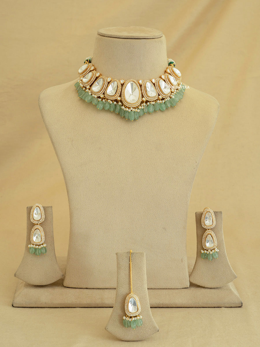 PK-S39GR - Faux Diamond Necklace Set With Teeka