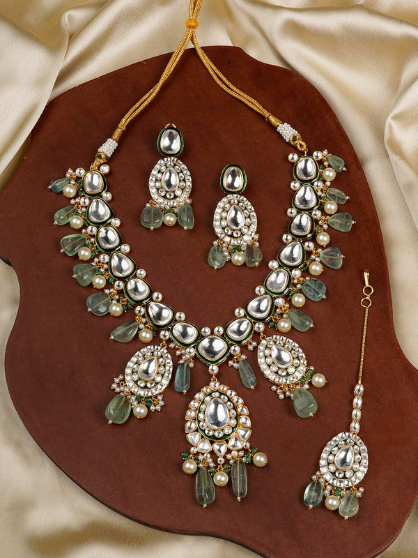PK-S3WGR - Green Color Gold Plated Faux Polki Necklace Set