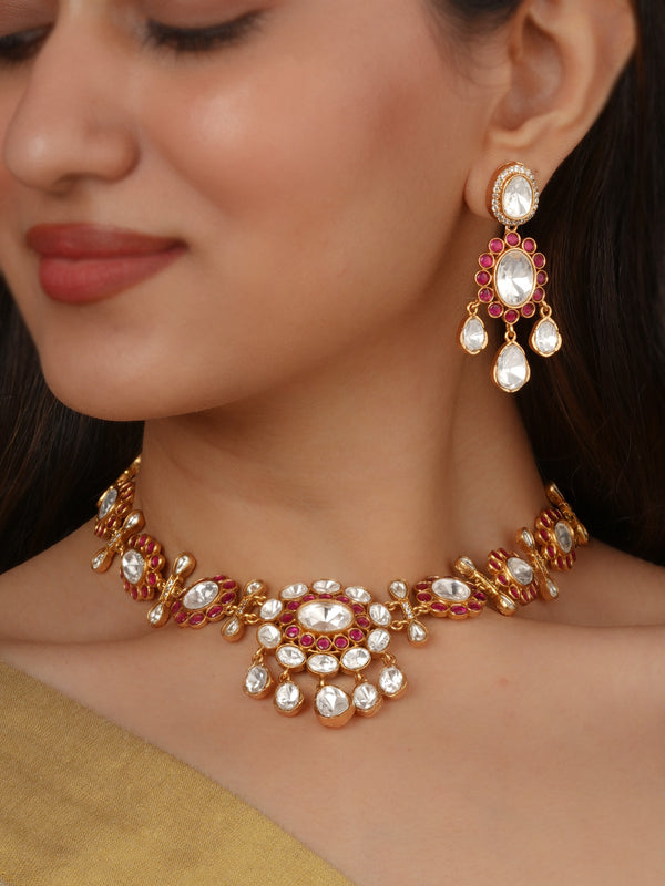 Gold Plated Faux Polki Necklace Set - PK-S401