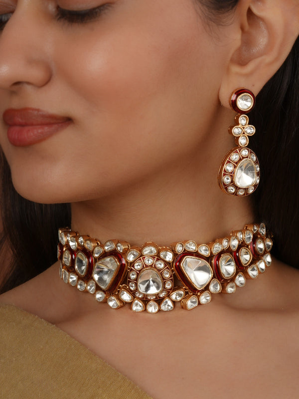 Maroon Color Gold Plated Faux Polki Necklace Set - PK-S402