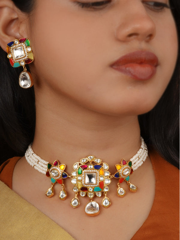 Gold Plated Faux Polki Necklace Set - PK-S404