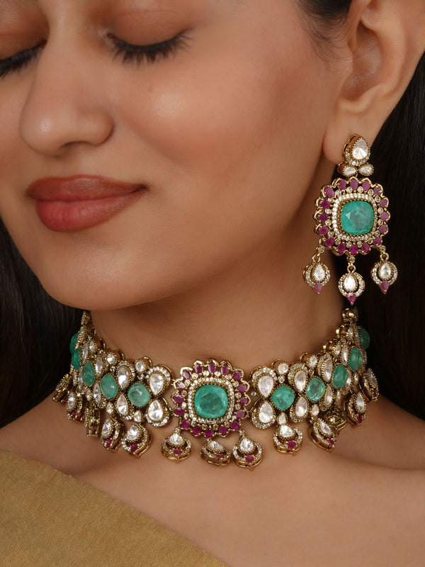 Multicolor Gold Plated Faux Polki Necklace Set - PK-S406M