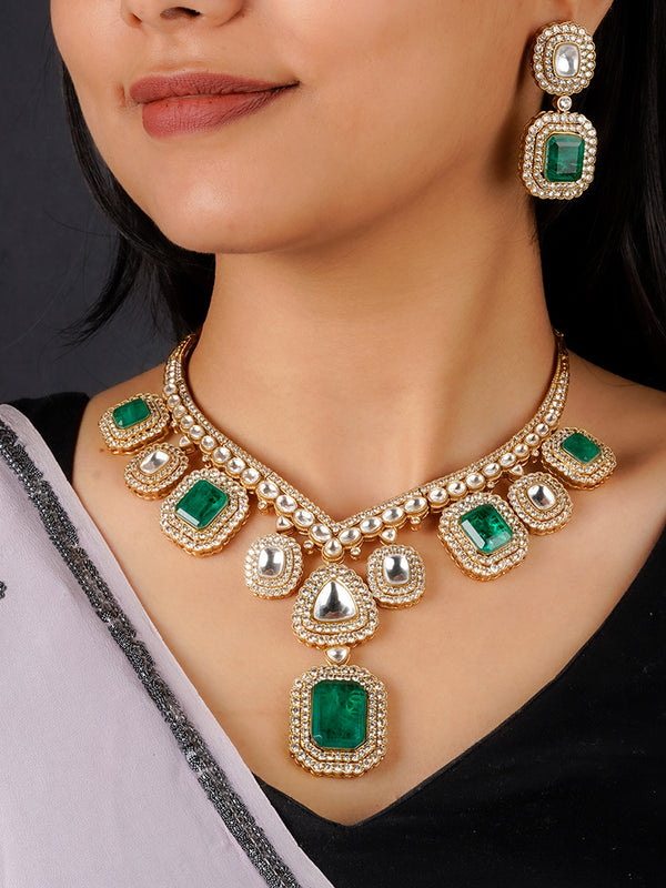 PK-S45WGR - Green Color Gold Plated Faux Polki Necklace Set