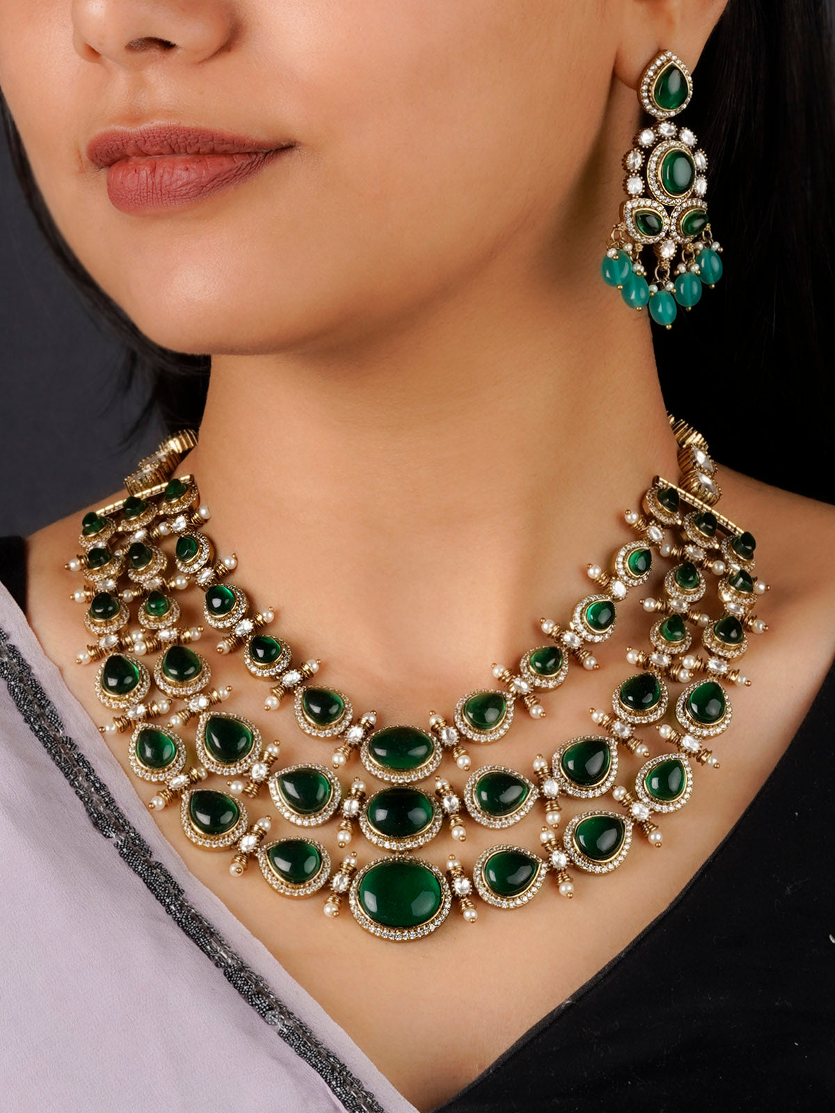 PK-S55GR - Green Color Gold Plated Faux Polki Necklace Set