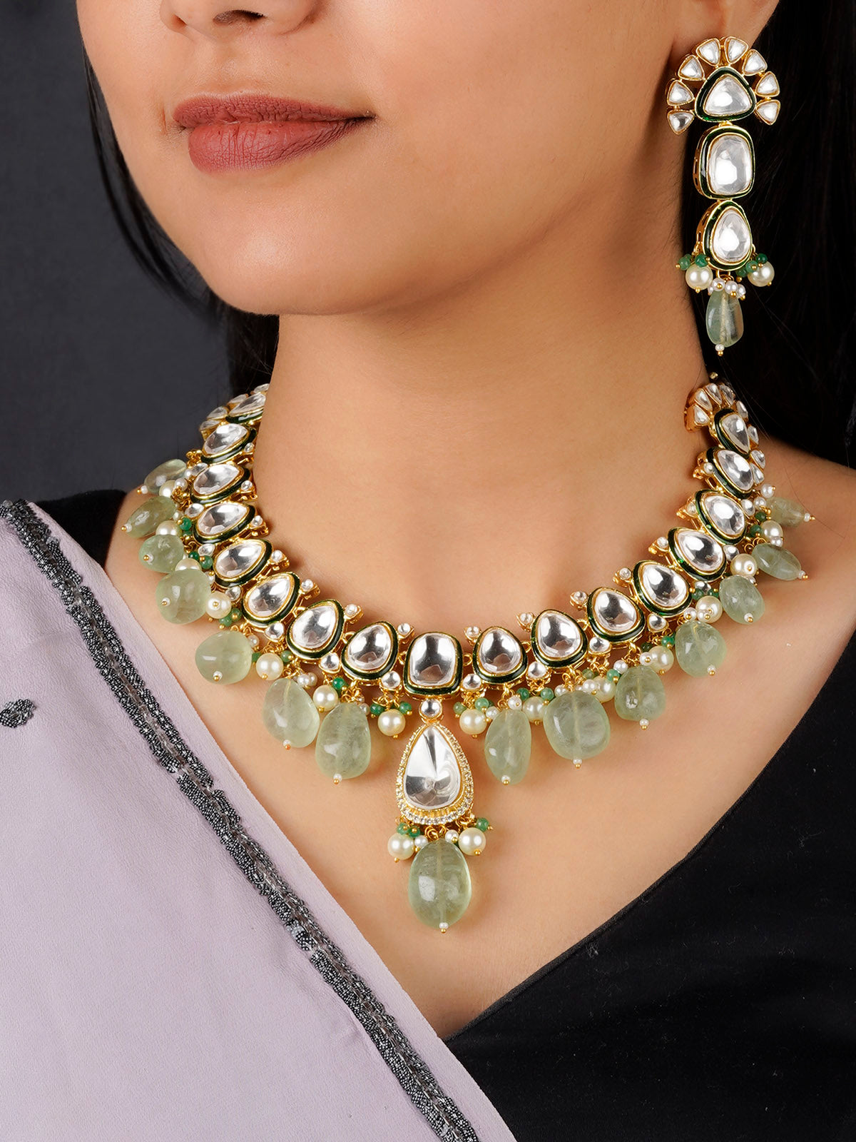PK-S58 - Green Color Gold Plated Faux Polki Necklace Set