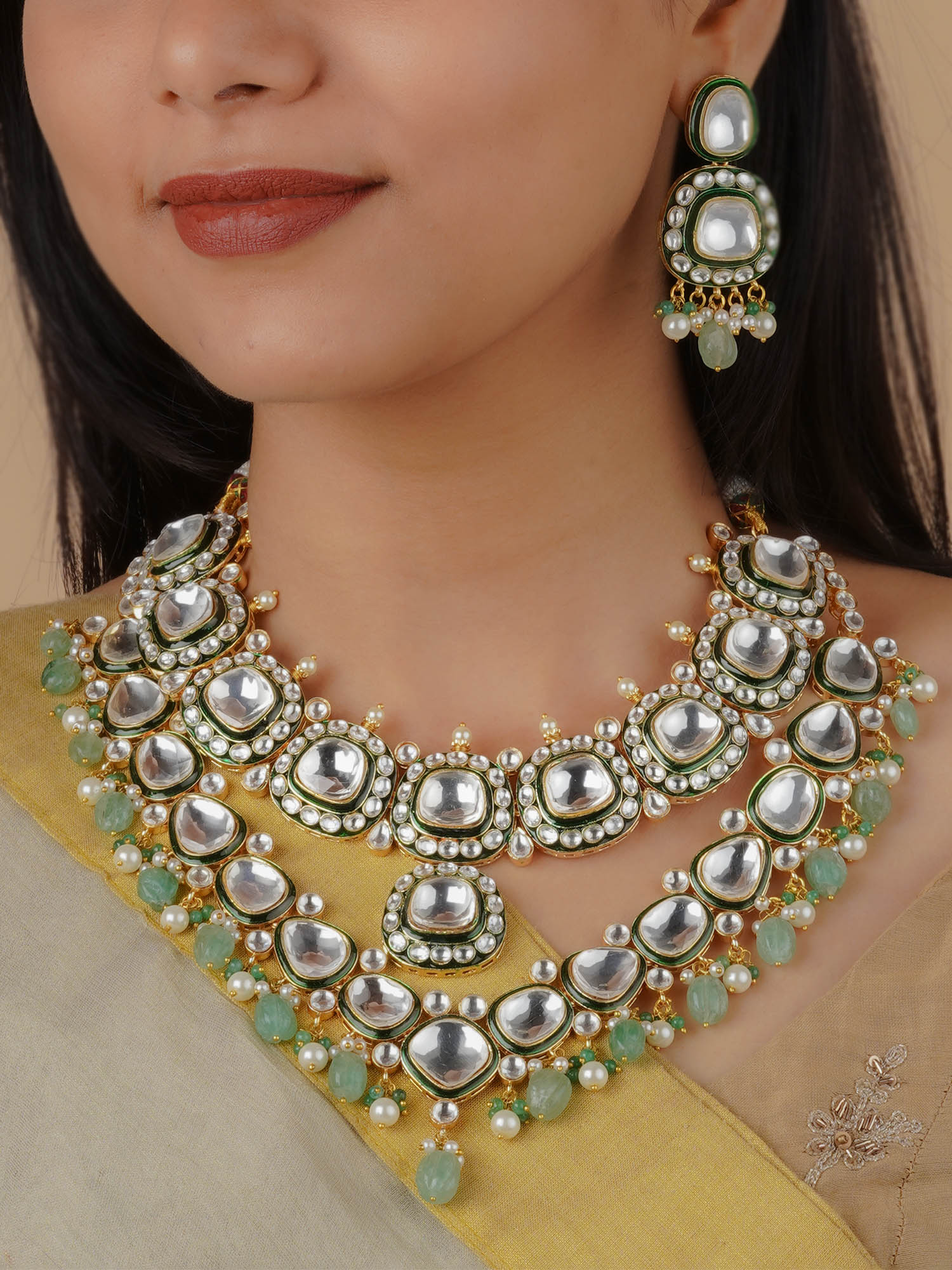 PK-S5WGR - Green Color Gold Plated Faux Polki Bridal Necklace Set