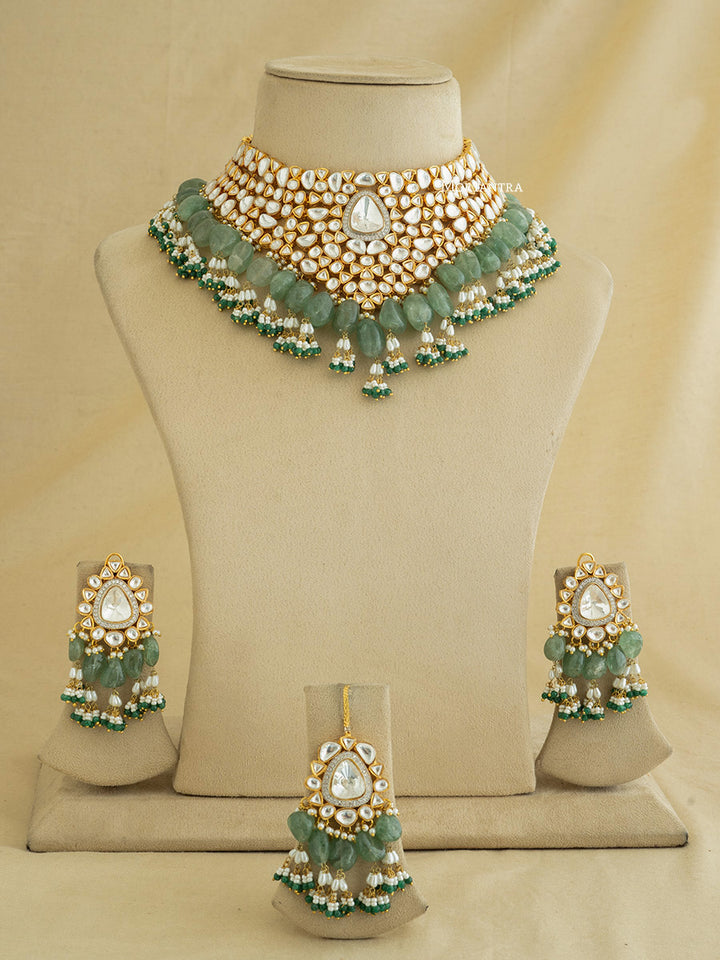 PK-S64 - Multicolor Gold Plated Bridal Faux Diamond Medium Necklace Set With Teeka