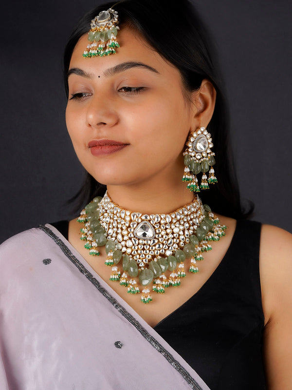 PK-S64 - Green Color Gold Plated Faux Polki Bridal Necklace Set