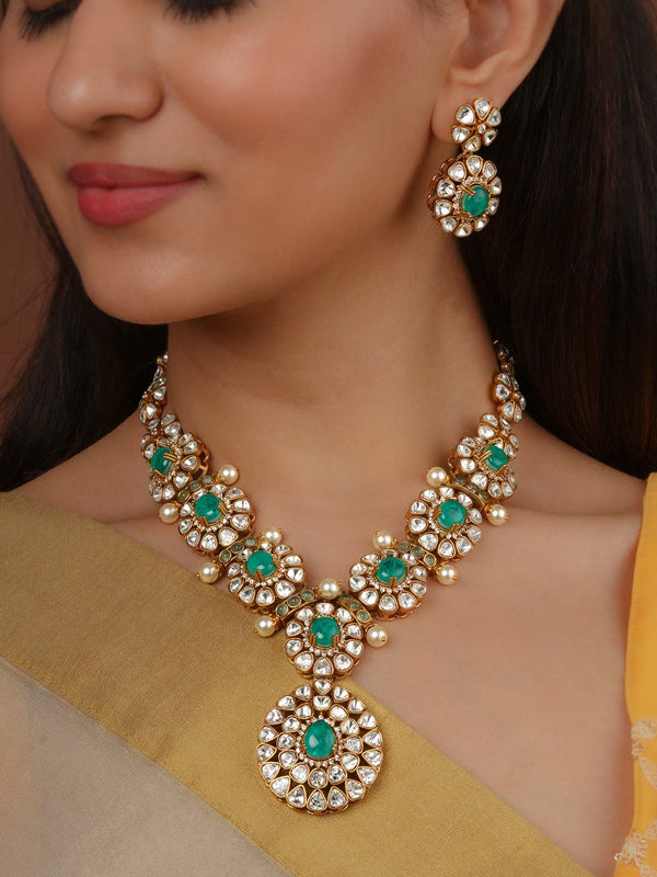Green Color Gold Plated Faux Polki Necklace Set - PK-S89LGR