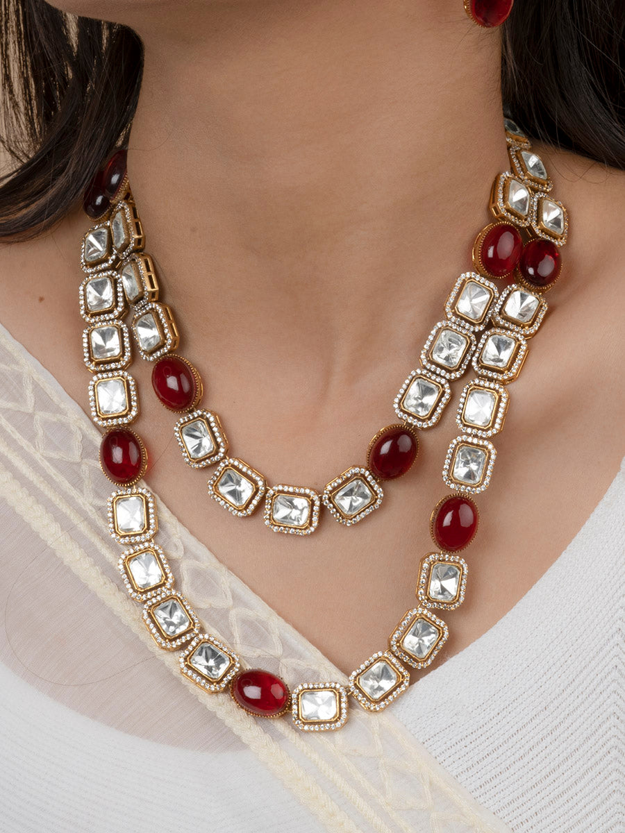 PK-S90P - Red Color Gold Plated Faux Polki Long Necklace Set