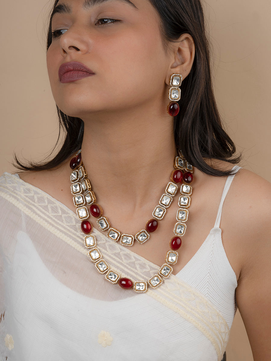 PK-S90P - Red Color Gold Plated Faux Polki Long Necklace Set