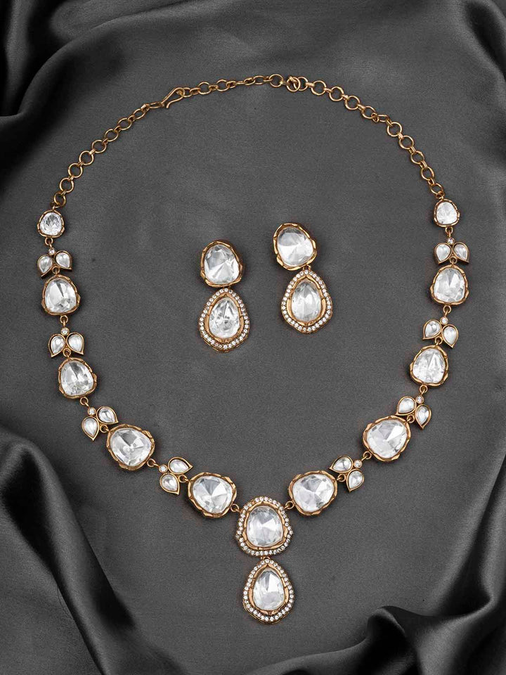 PK-S96G - Gold Plated Faux Polki Medium Necklace Set