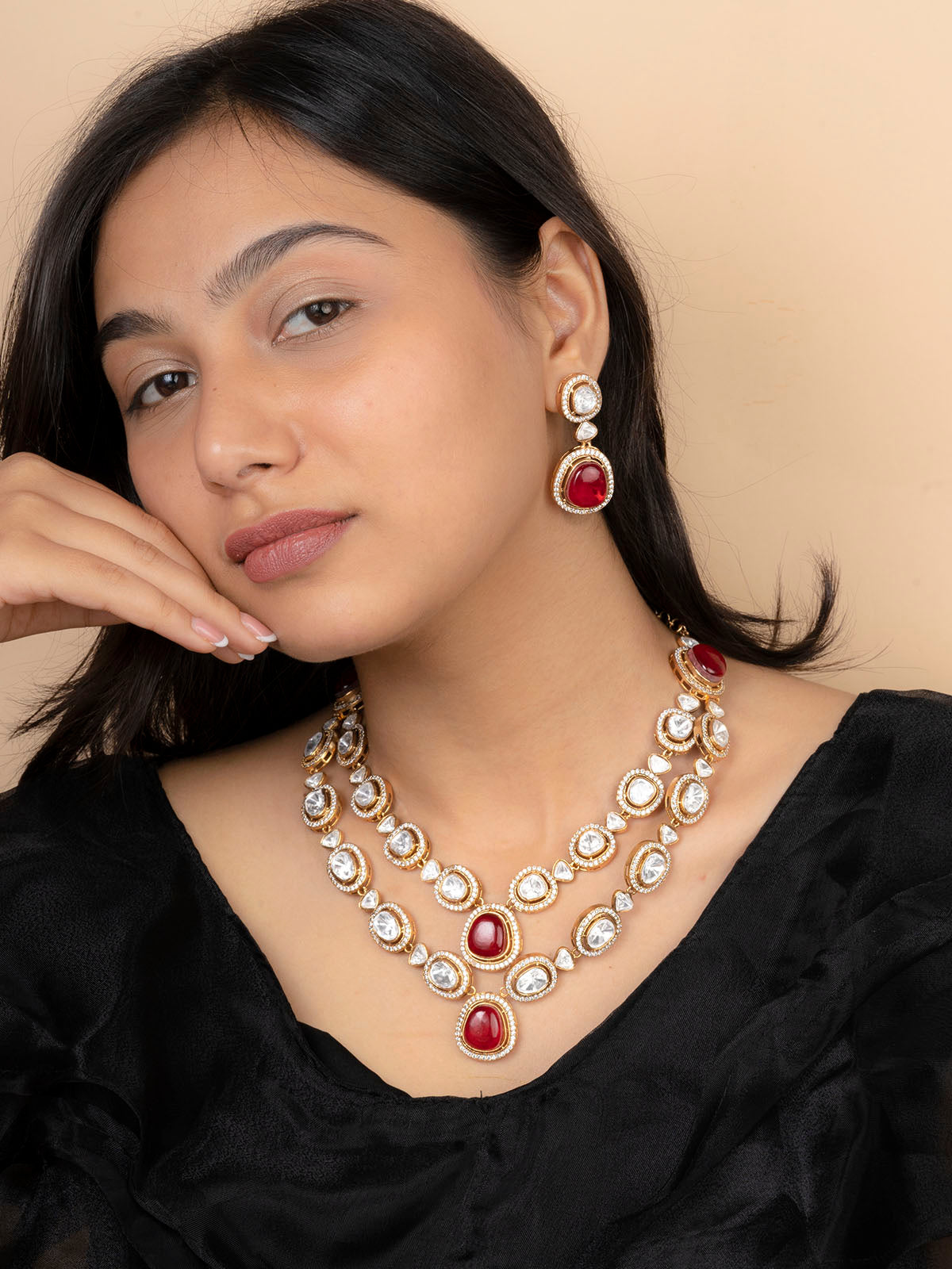 PK-S97R - Red Color Gold Plated Faux Polki Medium Necklace Set