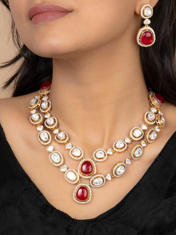 PK-S97R - Red Color Gold Plated Faux Polki Medium Necklace Set