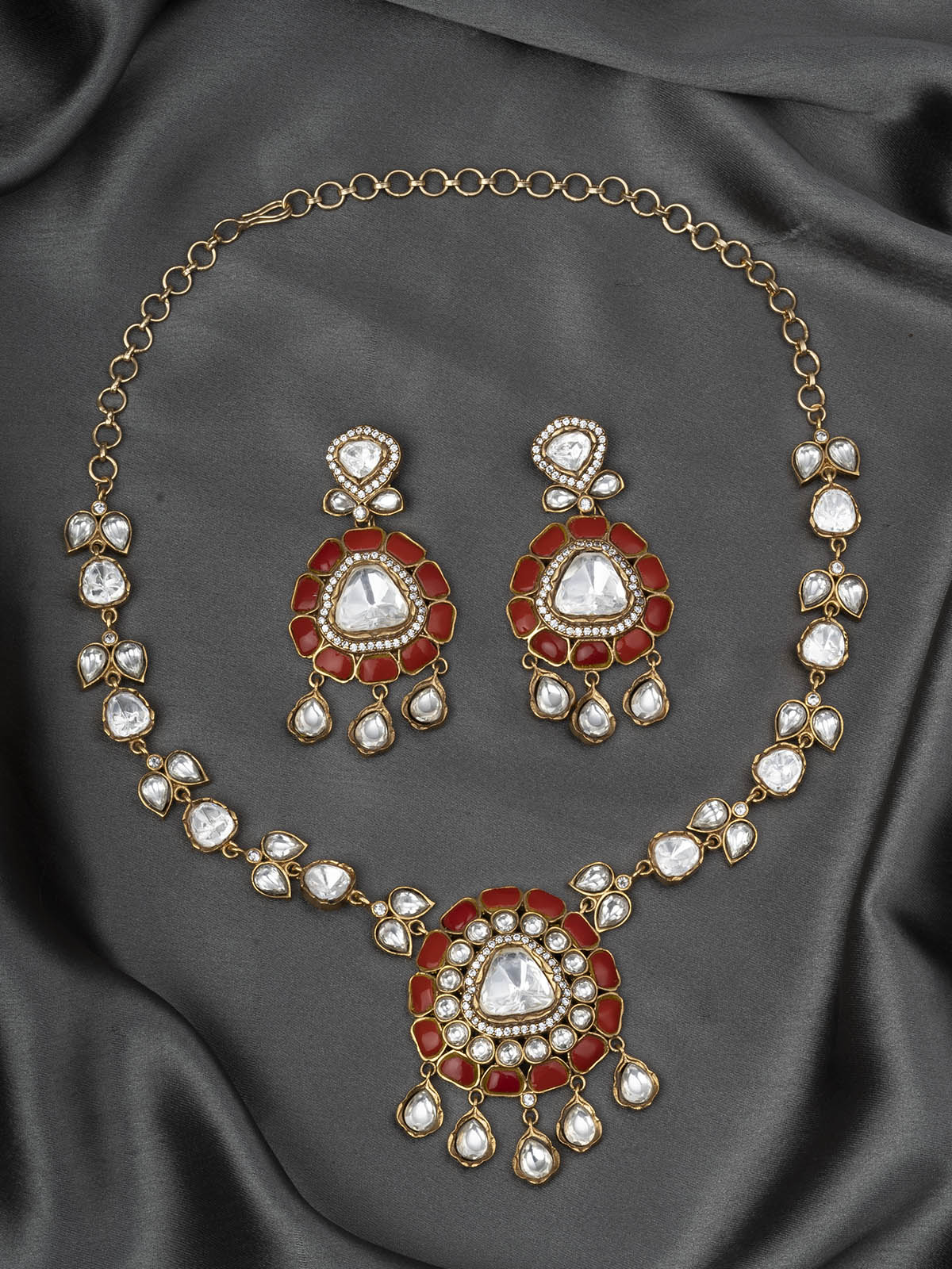 PK-S98R - Red Color Gold Plated Faux Polki Medium Necklace Set