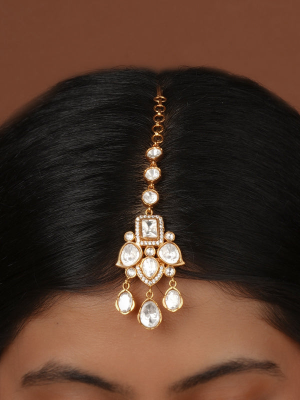 White Color Gold Plated Faux Polki Maangteeka - PK-T49