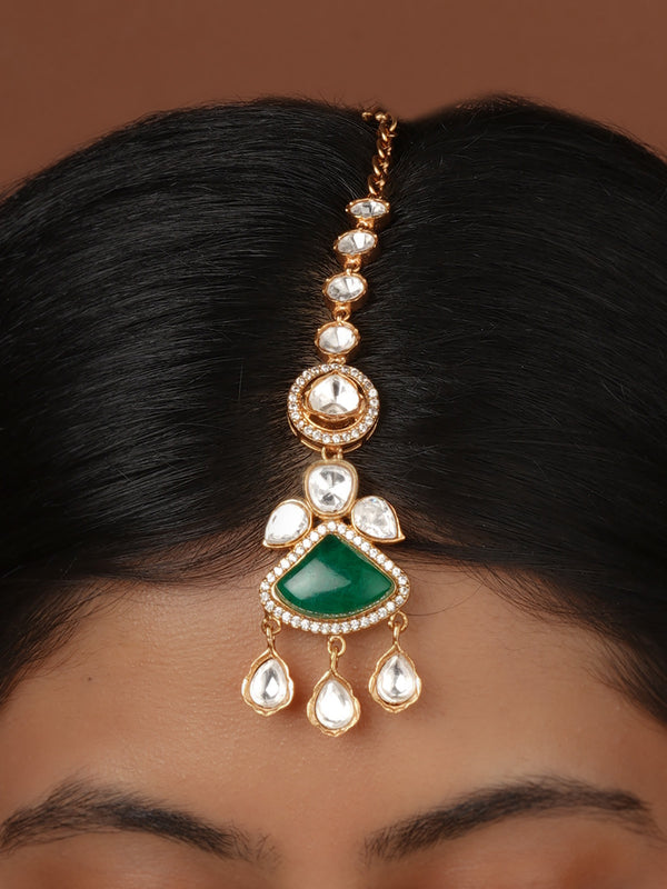 Green Color Gold Plated Faux Polki Maangteeka - PK-T54GR