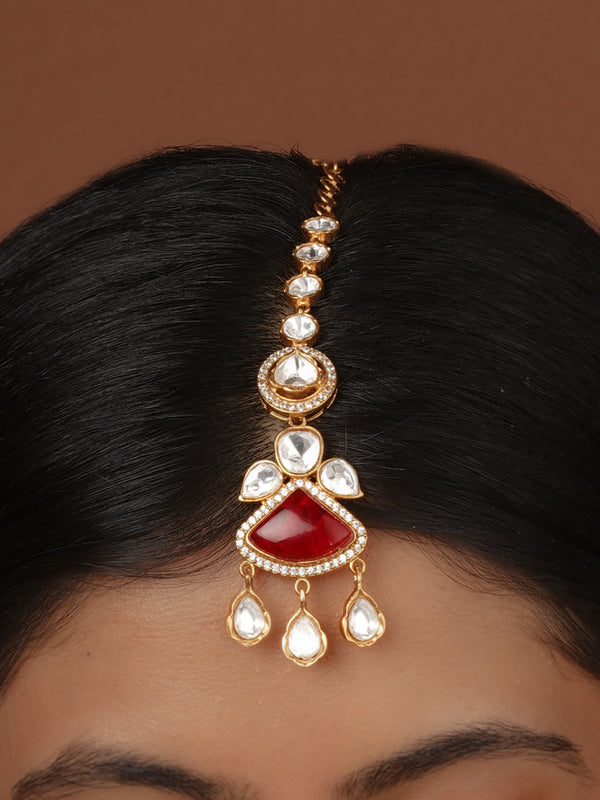 Maroon Color Gold Plated Faux Polki Maangteeka - PK-T54P