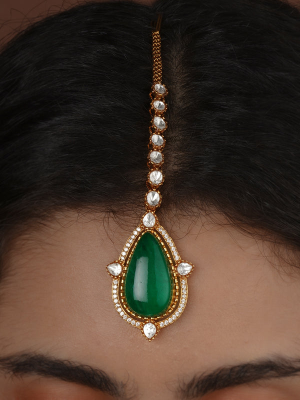 Green Color Gold Plated Faux Polki Maangteeka - PK-T57GR