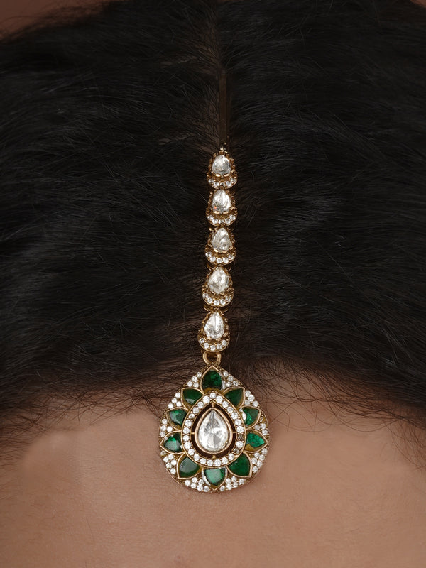 Green Color Gold Plated Faux Polki Maangteeka - PK-T58GR