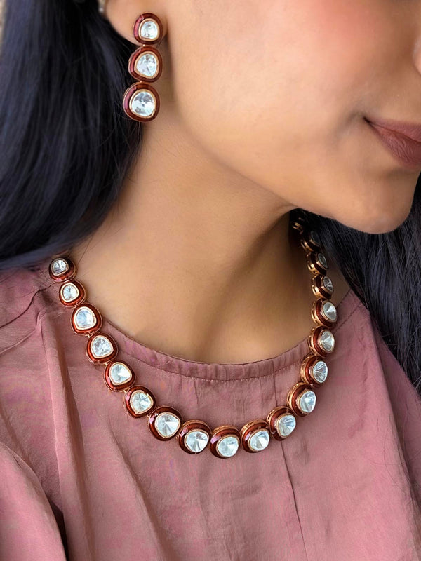 Red Color Gold Plated Contemporary Necklace Set - TCZ-S1R