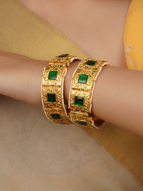 Gold Plated Thappa Jadau Kundan Bangles (One Pair) - TJ-B13