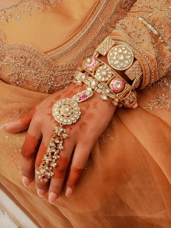 Pink Color Gold Plated Thappa Jadau Kundan Bangles - TJ-B14