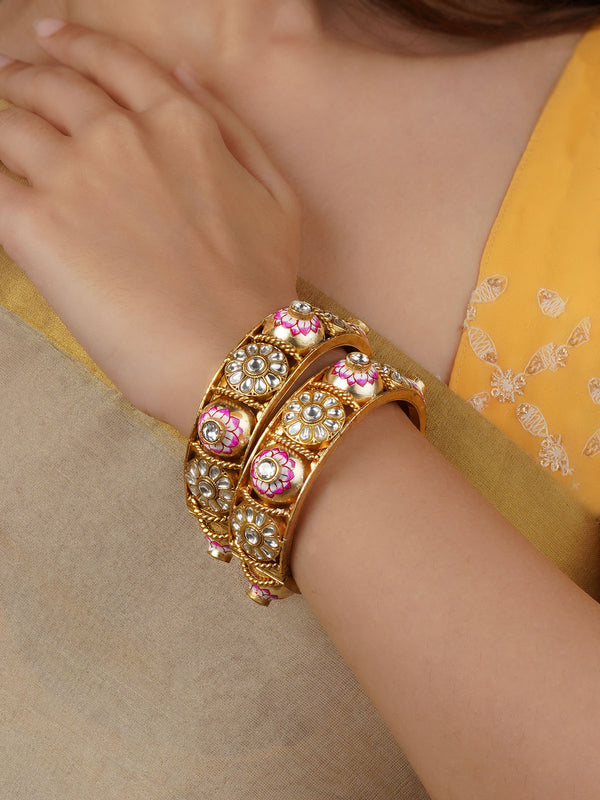 TJ-B15 - Pink Color Gold Plated Thappa Jadau Kundan Bangles