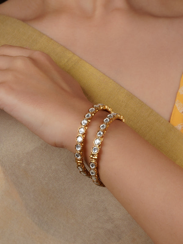 White Color Gold Plated Thappa Jadau Kundan Bangles - TJ-B4