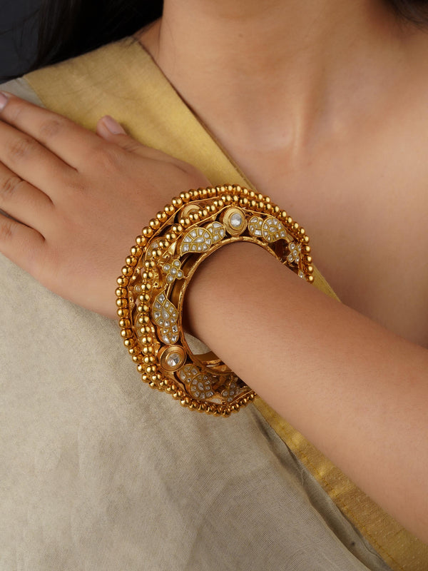 TJ-B8 - White Color Gold Plated Thappa Jadau Kundan Bangles