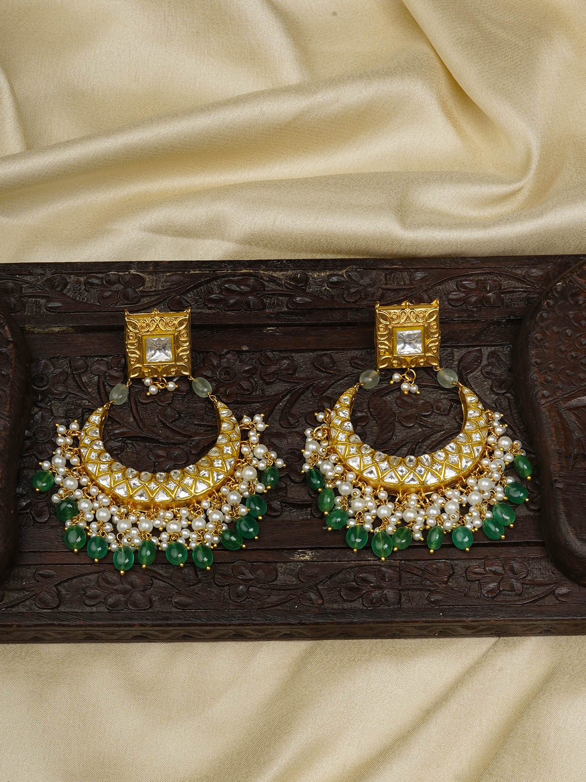 TJ-E100 - Green Color Gold Plated Thappa Jadau Kundan Earrings