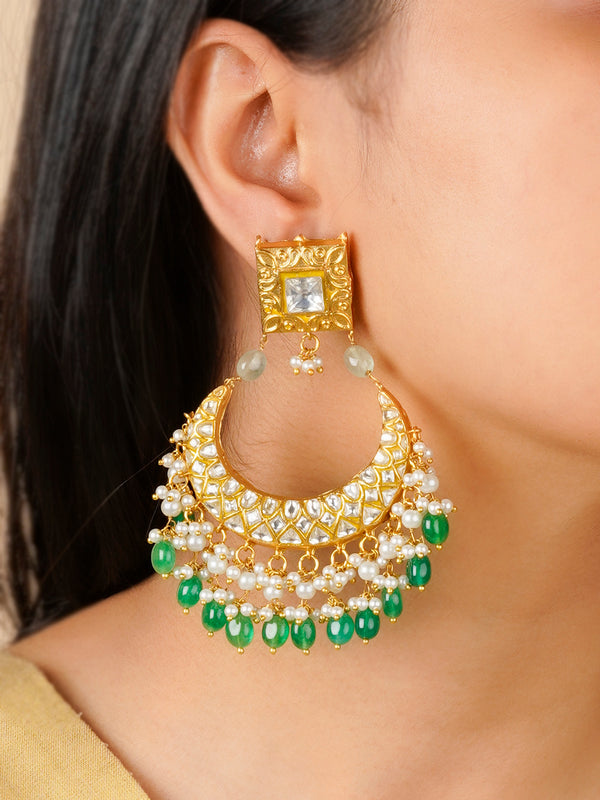 TJ-E100 - Green Color Gold Plated Thappa Jadau Kundan Earrings