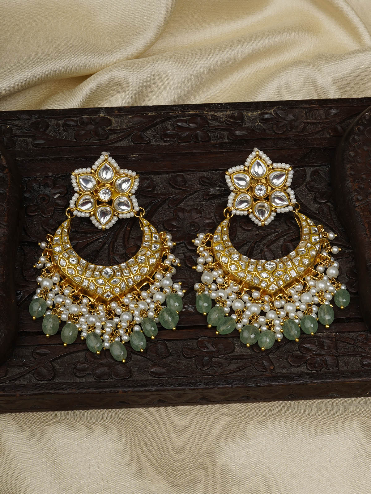 TJ-E101A - Green Color Gold Plated Thappa Jadau Kundan Earrings