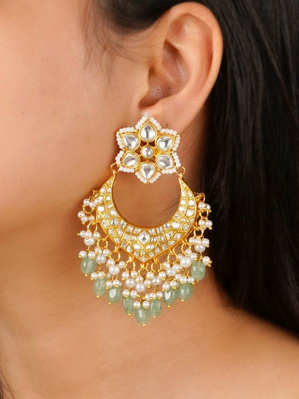 TJ-E101A - Green Color Gold Plated Thappa Jadau Kundan Earrings