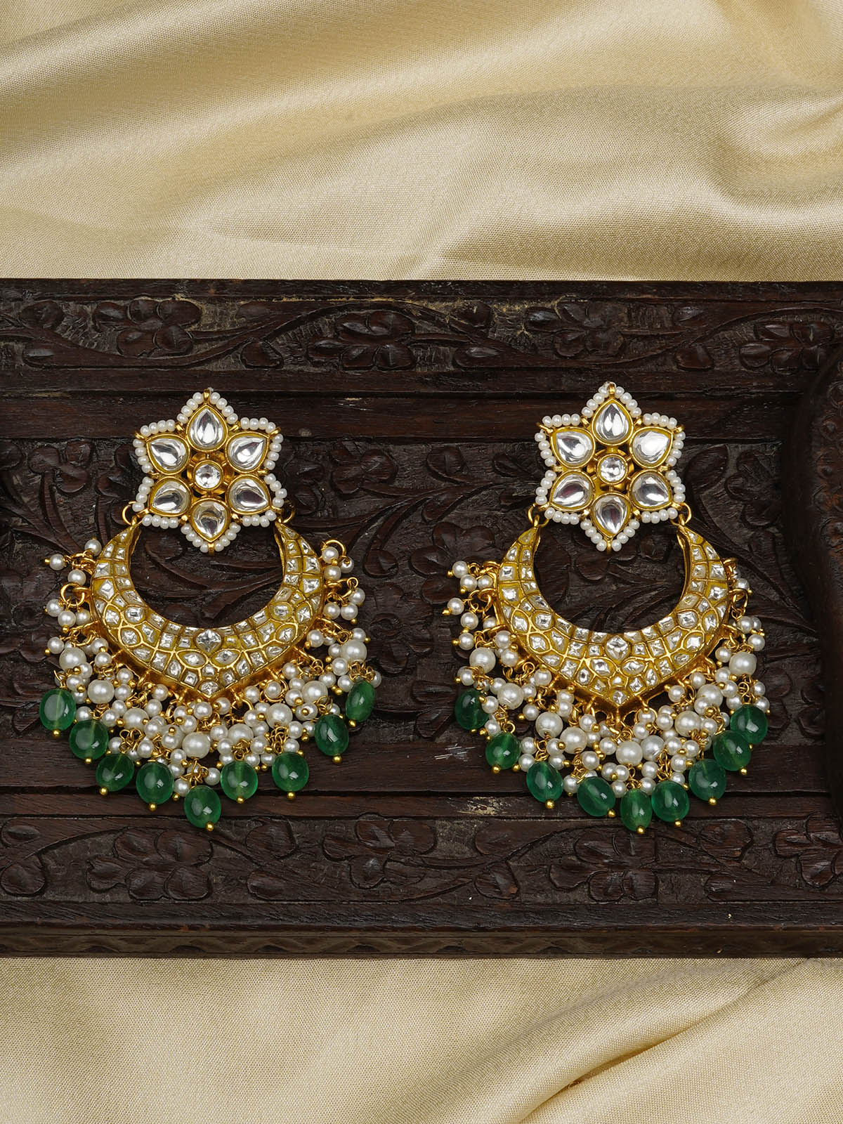 TJ-E101 - Green Color Gold Plated Thappa Jadau Kundan Earrings